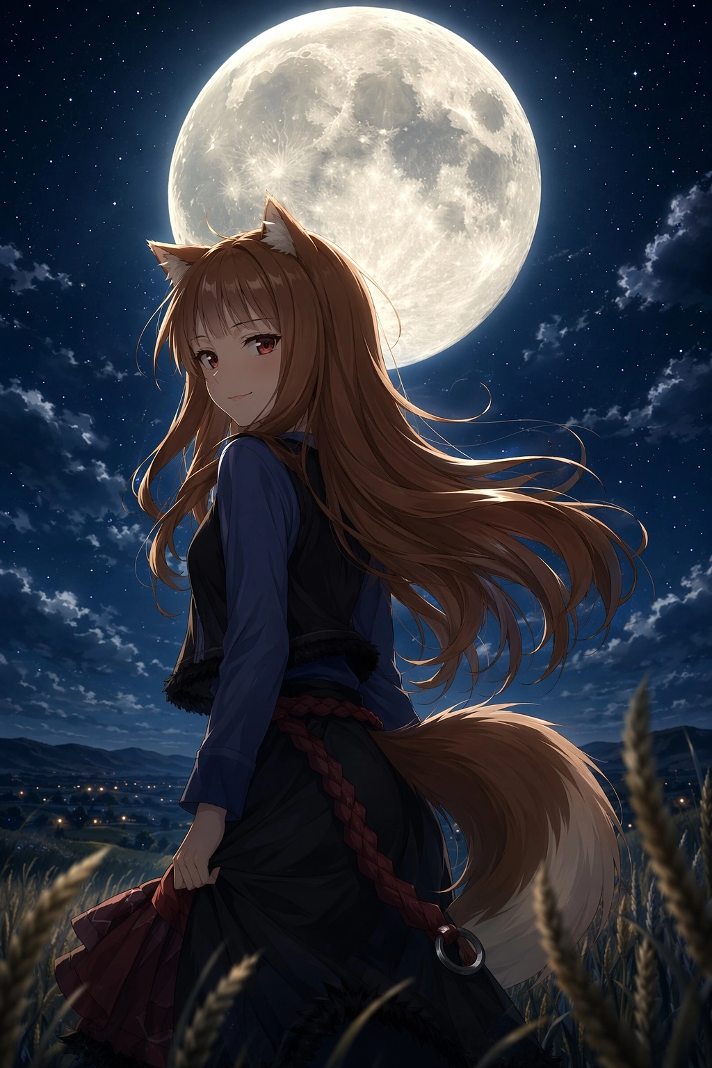 Holo from Spice and Wolf against the moonlight background, beautiful phone screen wallpaper