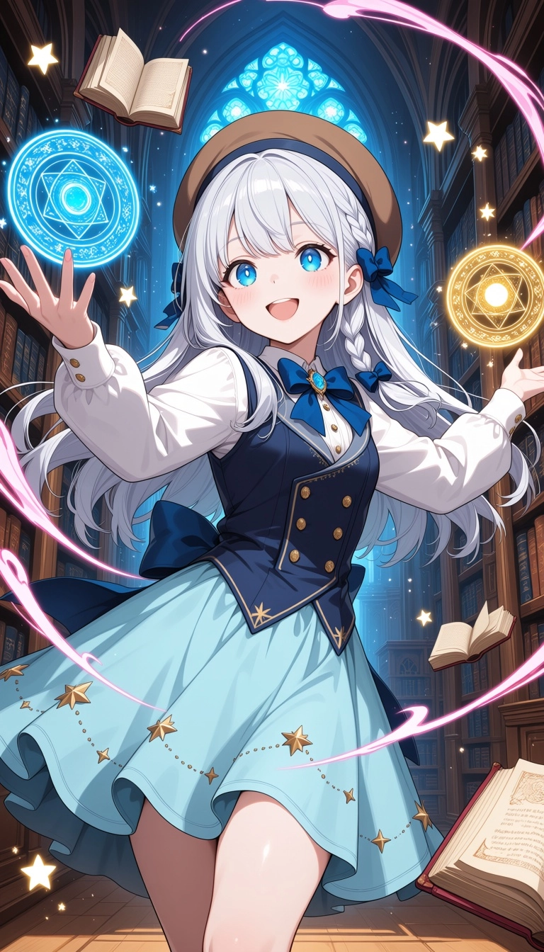 High-quality anime digital illustration of a cute young mage in an ancient, magical library. She has long silver hair wi