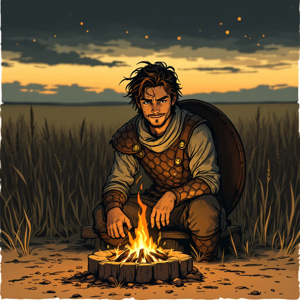 Hand-drawn rough comic style. Detailed image. Young farmer. Tan and burnt skin. Serene but alert and pleased look to his