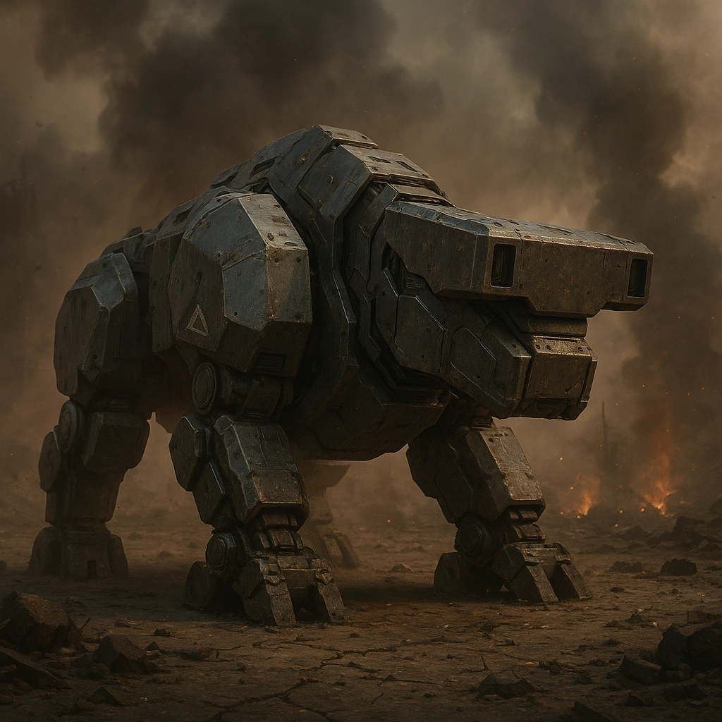 “Photorealistic, hyper-detailed sci-fi mech inspired by the shape and posture of a rhinoceros. Its body is low-slung and
