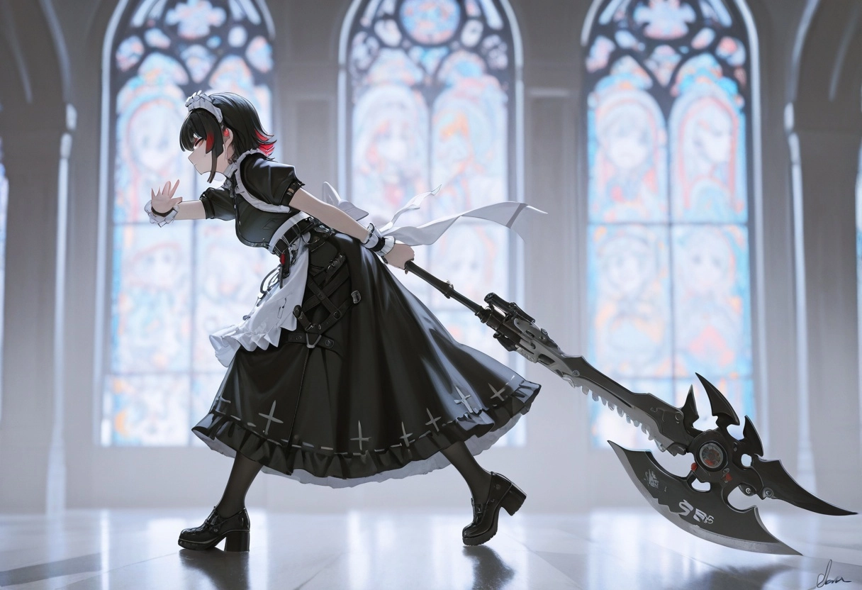 1girl, Ellen Joe, quarter side profile, full body frame, stained glass art, maid outfit, signature weapon, heroic pose, 