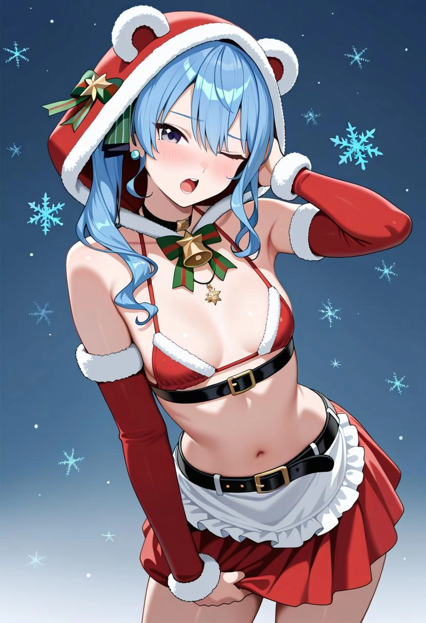 1girl, solo, hoshimachi suisei, hololive, blue hair, long hair, twintails, blue eyes, one eye closed, winking, open mout