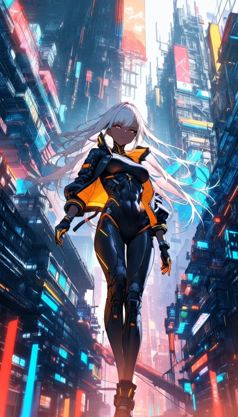 1girl, dark skin, toned, solo, futur cyberpunk atmosphere, falling from building, colorfull city, incredible details, lo