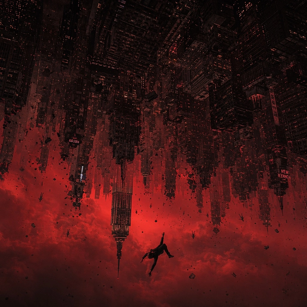 New York City is completely upside down, suspended against a blood-red sky that fills the bottom of the image like a voi