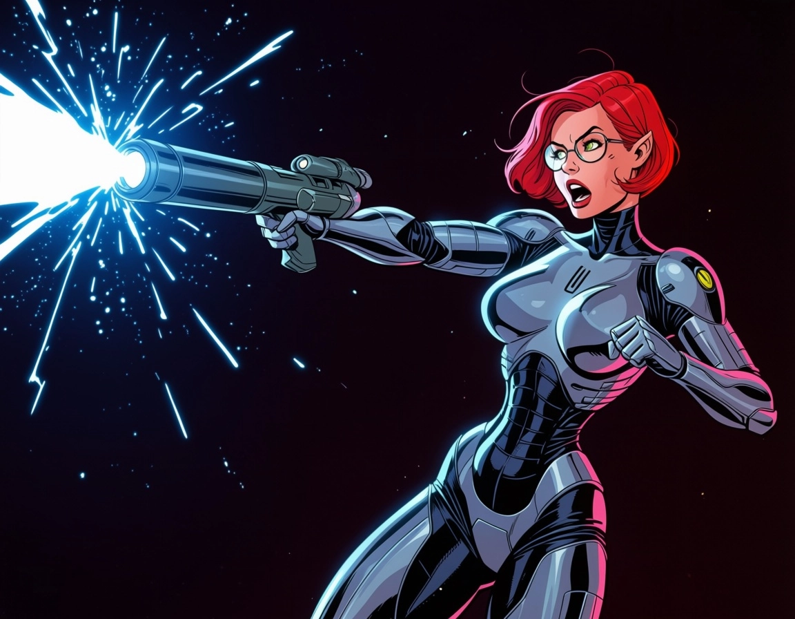 Female elf, red short hair, glasses, alien ship, cyber warrior, power armor, cyberpunk cannon, fight pose, shoot blast e