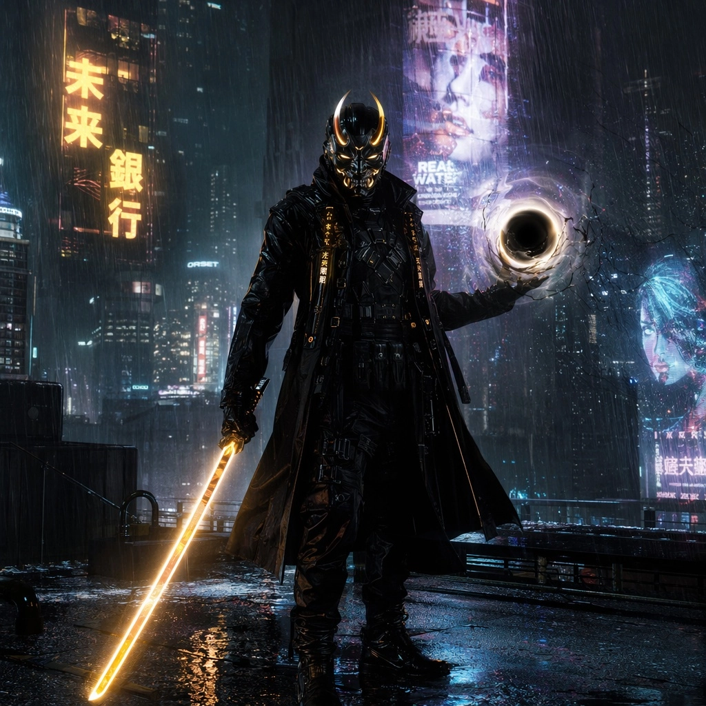 A lone cyberpunk warrior standing on a rain-soaked rooftop at night overlooking a neon megacity. He wears an ornate futu