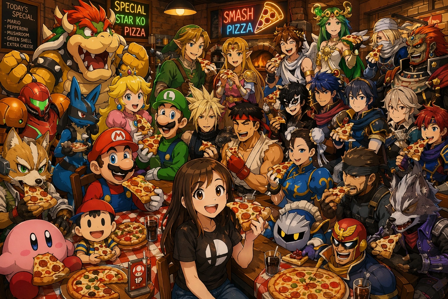 1girl, pizza slice in hand, smiling, sitting at pizzeria table, (Super Smash Bros Ultimate: characters), Mario, Luigi, P