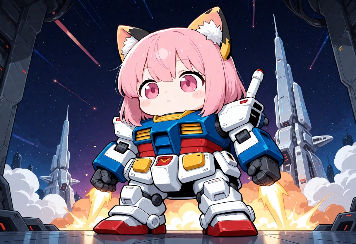 1girl, cat ears, short pink hair, pink eyes, Gundam space suit, oversized suit, cute expression, standing pose, sci-fi u