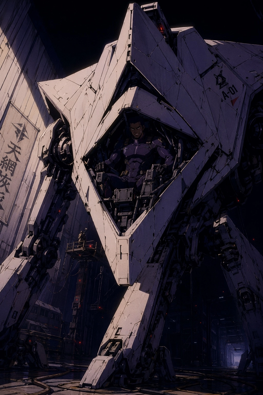 90s cel-shaded anime OVA aesthetic, cinematic mecha hangar scene,
The mech is sprawling, brutalist, and predatory, built