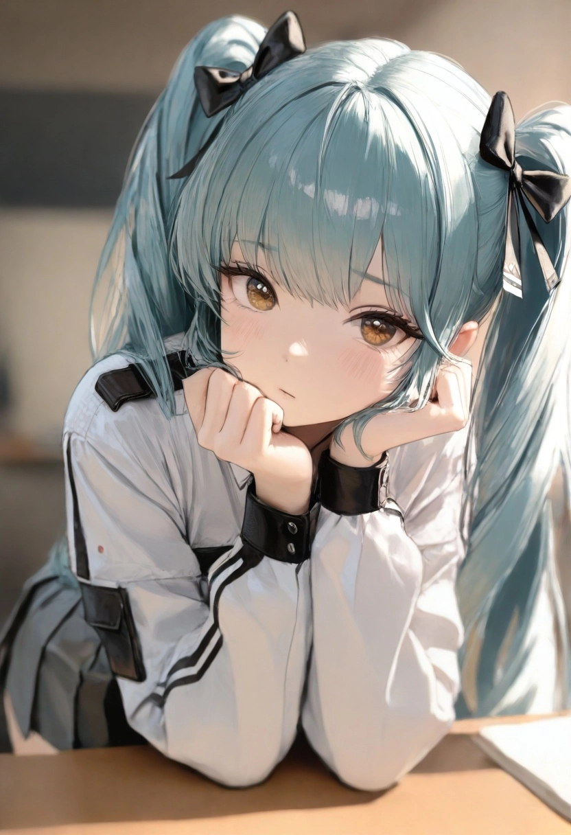 Privaty_(Nikke), leaning forward, leaning on elbows, 