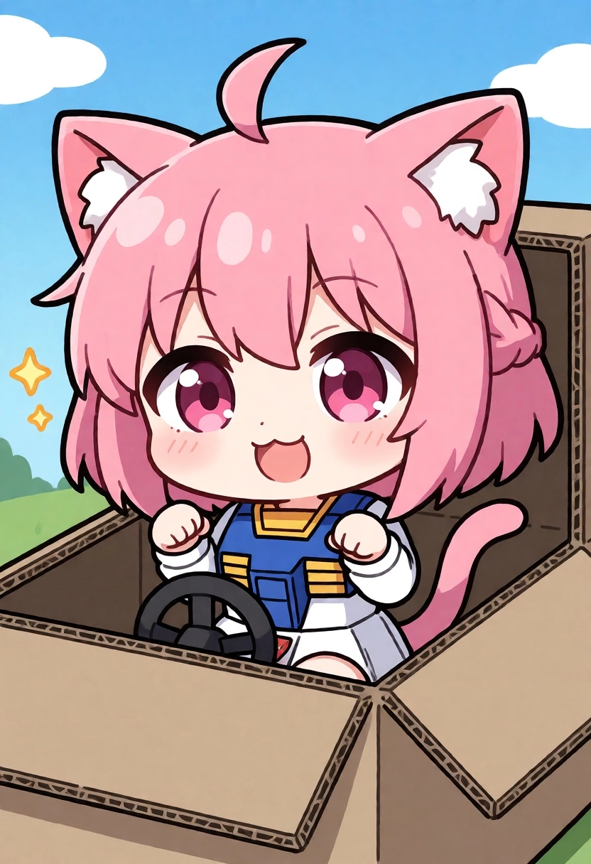chibi catgirl, super deformed, short pink hair, pink eyes, sitting inside cardboard cockpit, gundam theme, playful expre