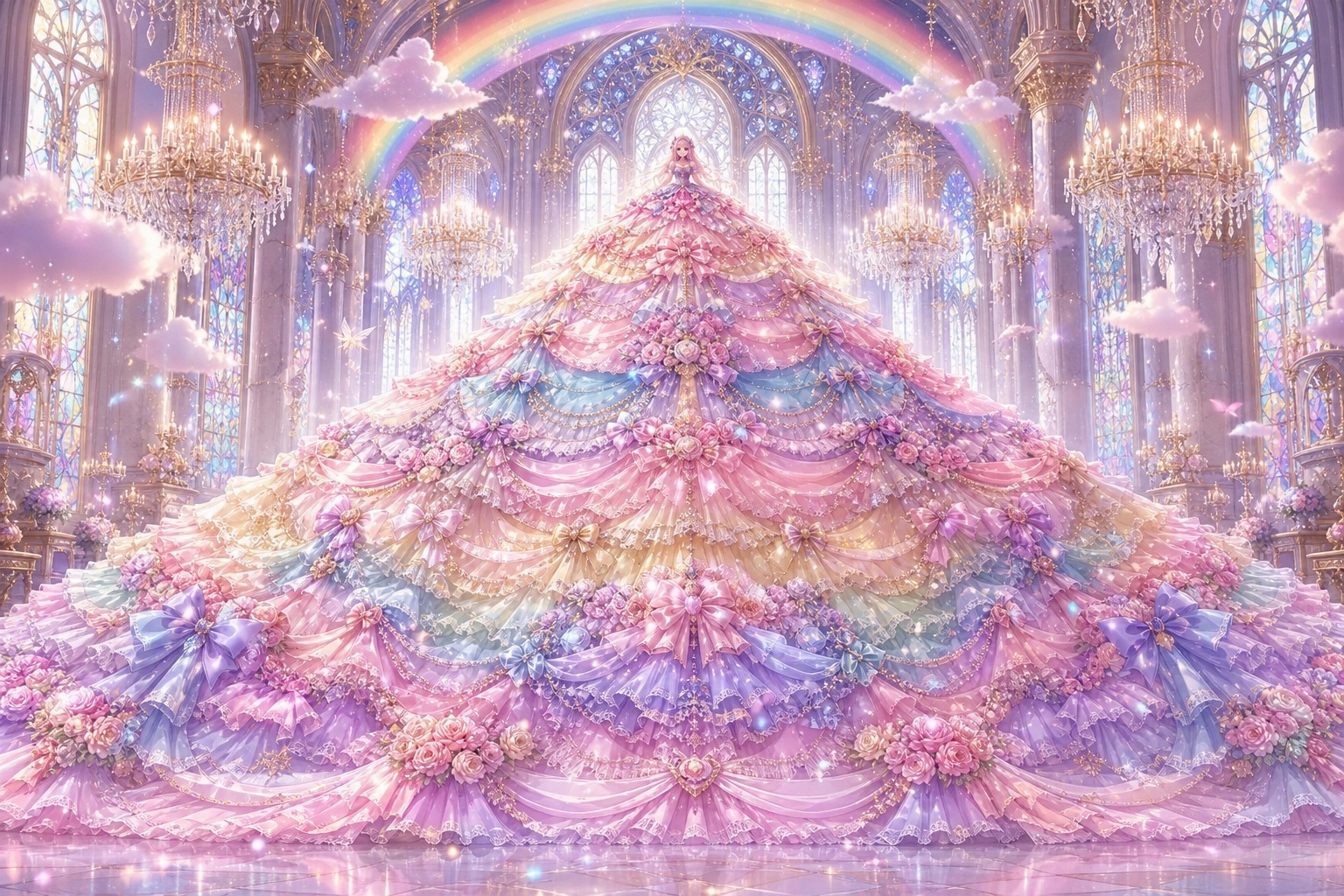 A grand, fantasy-inspired illustration featuring an anime-style girl (who positioned near the top center of the composit