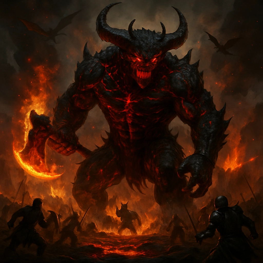 huge demon, black and red scales,red glowing veins, holding a flaming axe, lava, horns, demon eyes,fighting stance, on a