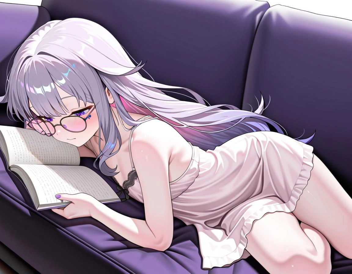 Koseki Bijou wearing black glasses, laying across a purple fluffy couch, while in a nightgown and studying with a notebo
