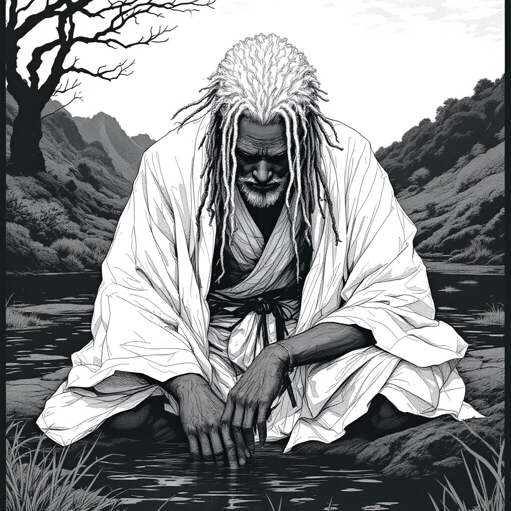 Samuraimage in low and leaning wide stance, hands splayed one in front whilst the other hangs in a pocket of his minimal