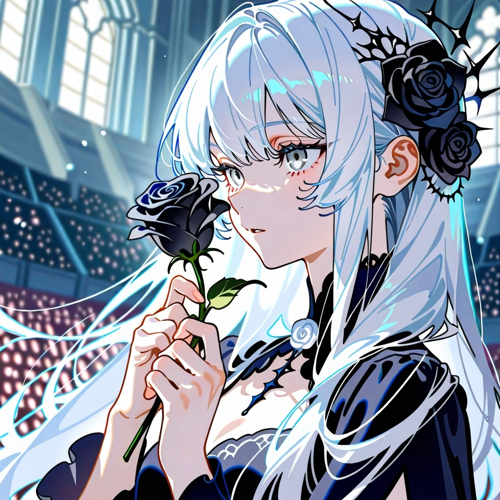 1girl,black_flower,flower,black_rose,solo,rose,hair_flower,hair_ornament,long_hair,holding,white_hair,holding_flower,whi