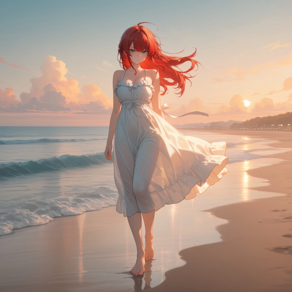 athletic girl on beach, full body, long sundress, barefoot, red hair, green eyes, sunset vibes