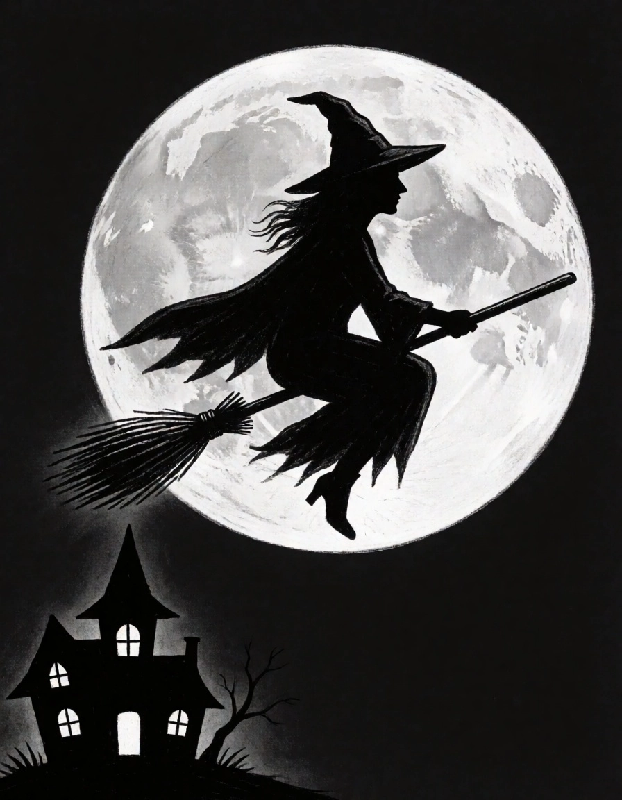A witch flying on a broomstick in front of a large full moon, with the silhouette of a witch's house in the lower corner