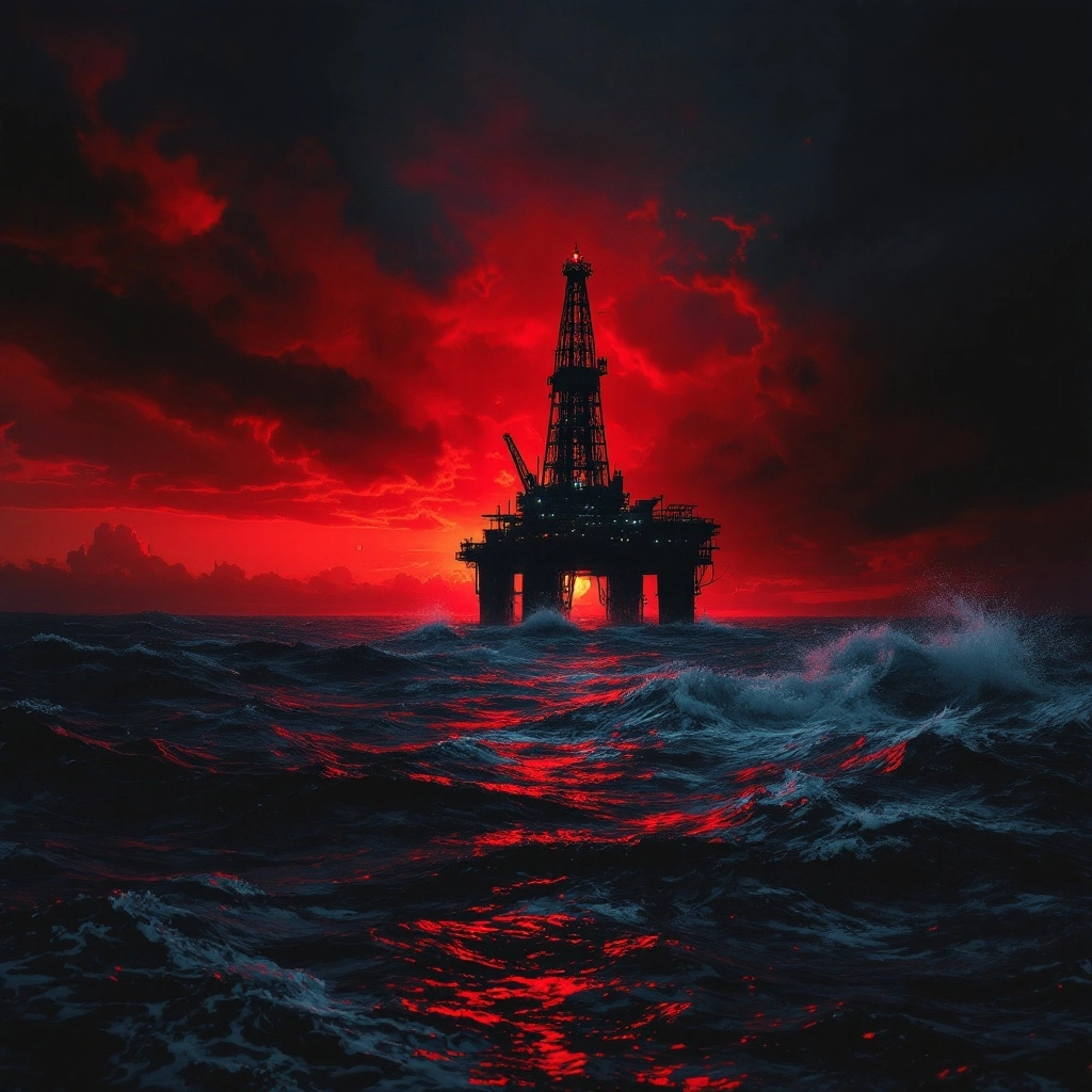 dark deep red sky, eyes in deep water, oil rig, thassalophobia deep underwatee ocean crossection, dark times, no hope, e