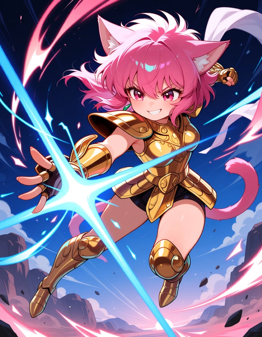 chibi catgirl, short pink hair, pink eyes, smiling, bronze armour, fighting, against chibi Saga, Saint seiya, cartoon st