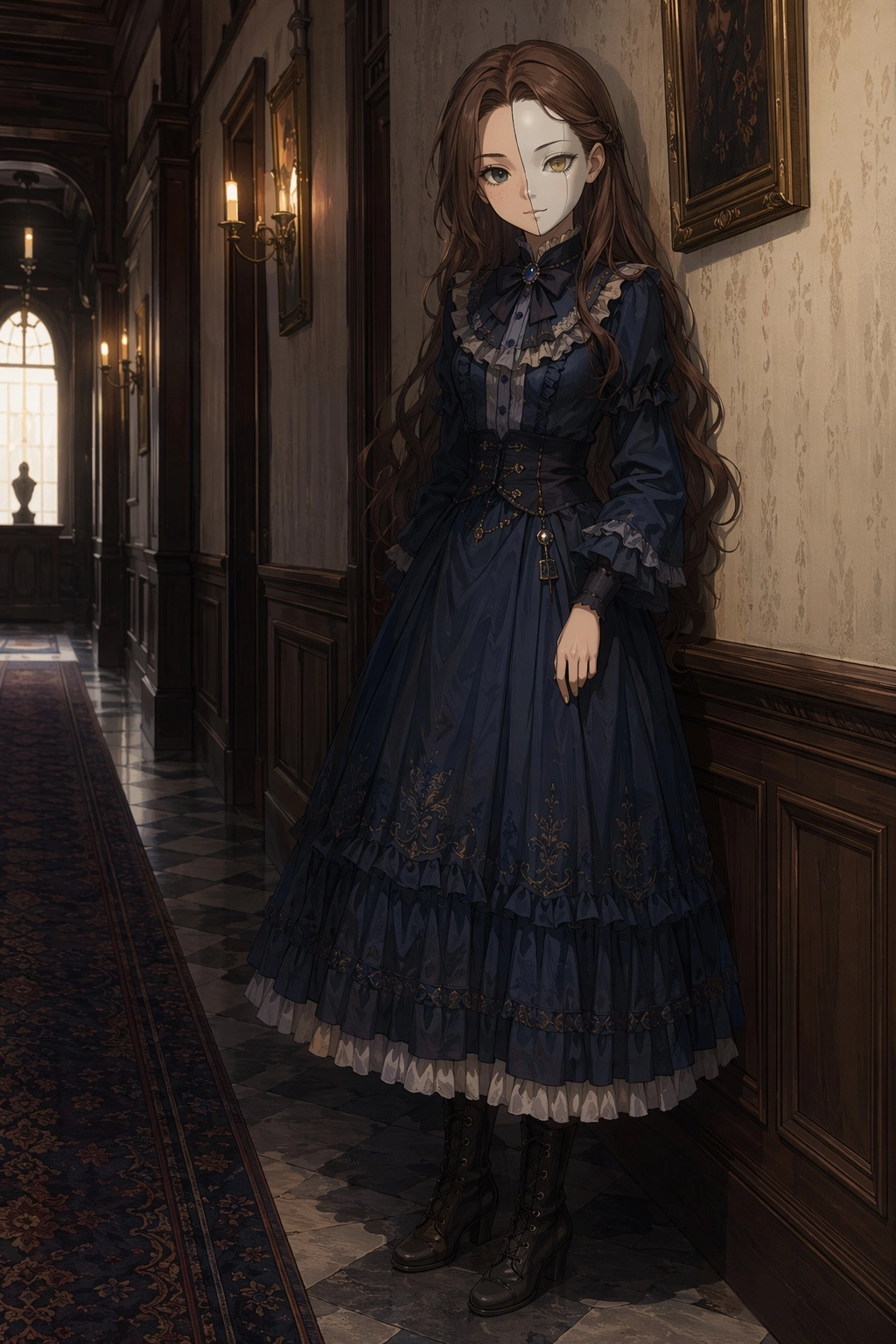 detailed anime style, full body view, young girl character, slim, long brown hair, slightly wavy hair, dark brown eyebro