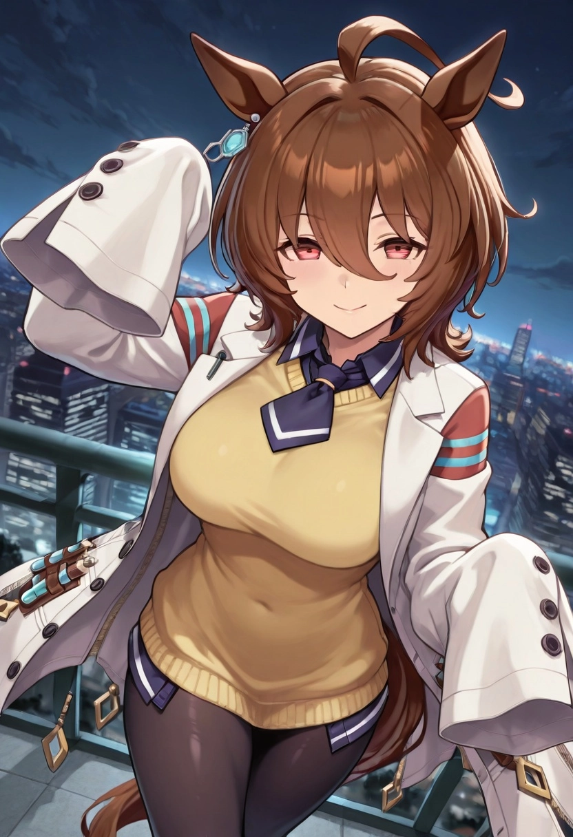 1girl, Agnes Tachyon(Umamusume),smile, Dynamic angle, Dynamic pose, looking at viewer,night sky, cityscape
