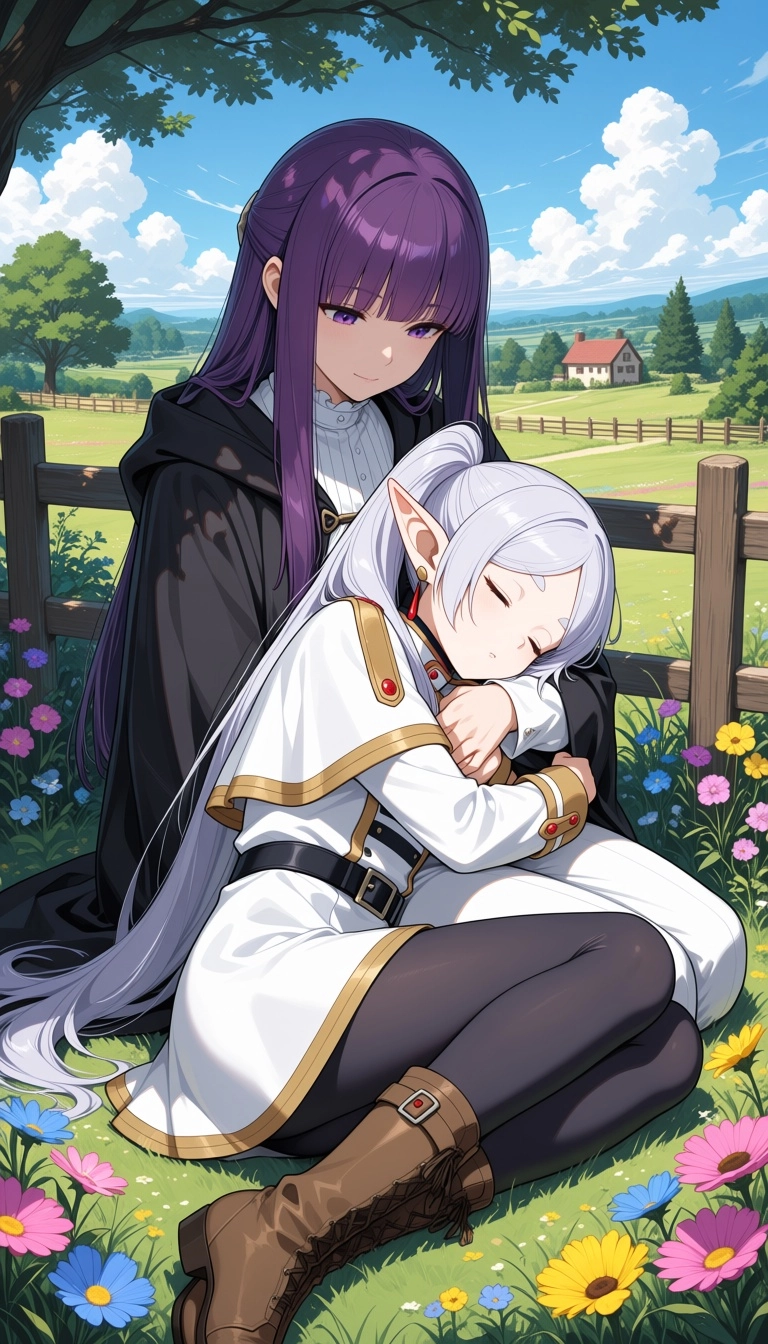 High-quality anime digital illustration of two girls in a sunny garden. A young woman with long, straight purple hair, p