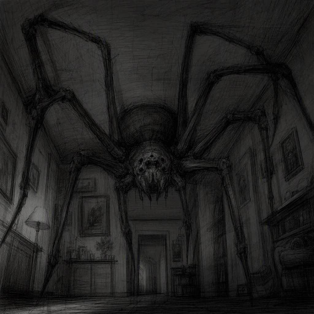 giant spider in weirdly familiar feeling place. sketched art style megalophobia arachnophobia psychological horror