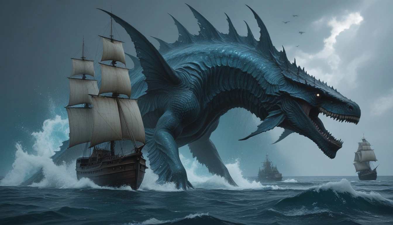 sea, fantasy, long sea monster, tempest sea, deep sea, ship