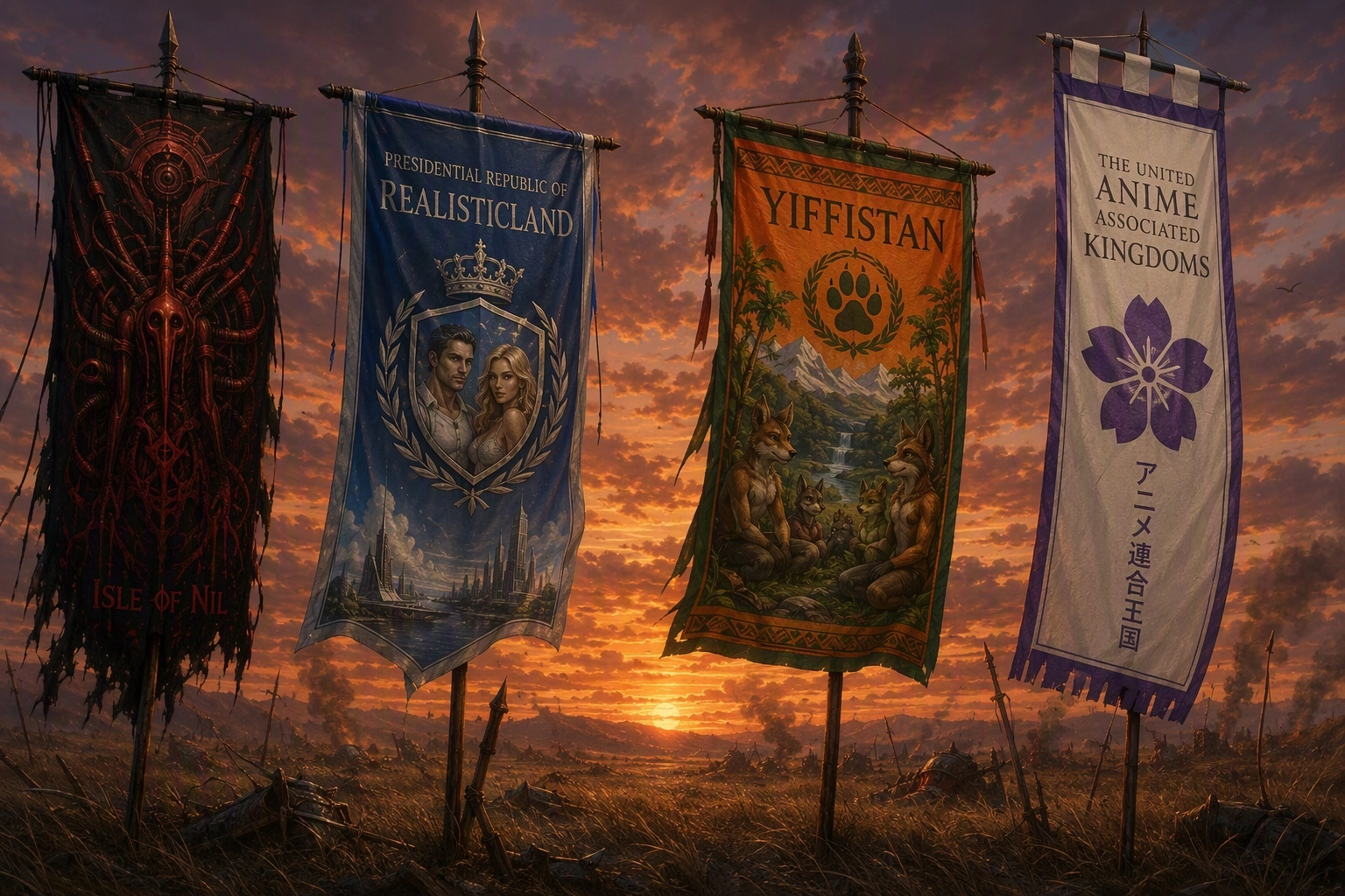A banner Representing  the  Isle of  Nil  who's colours are  black and red. It's and island of horrifying dark biomechan