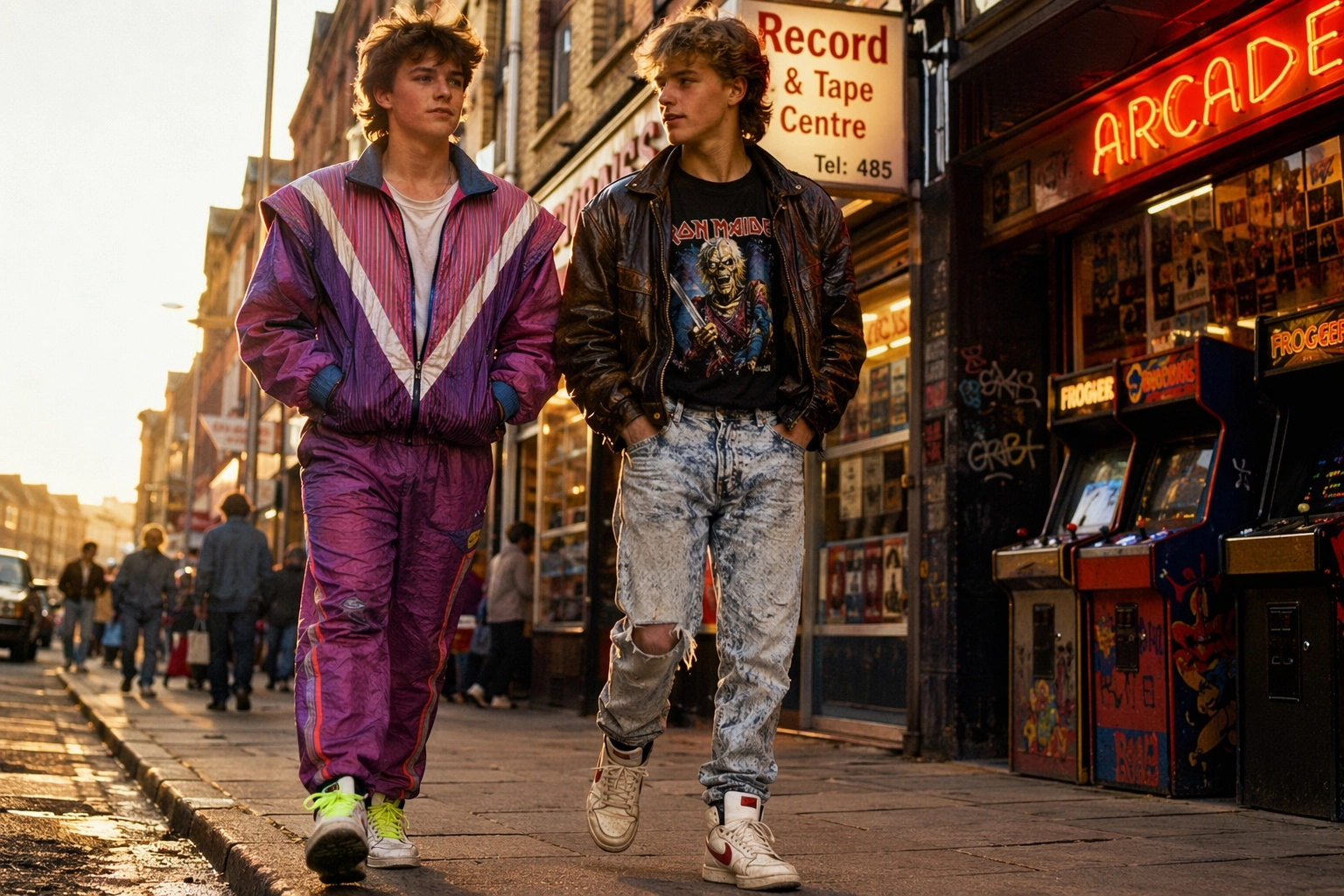 Two effortlessly cool teenagers stroll confidently down a vibrant 1980s British high street, bathed in the warm glow of 