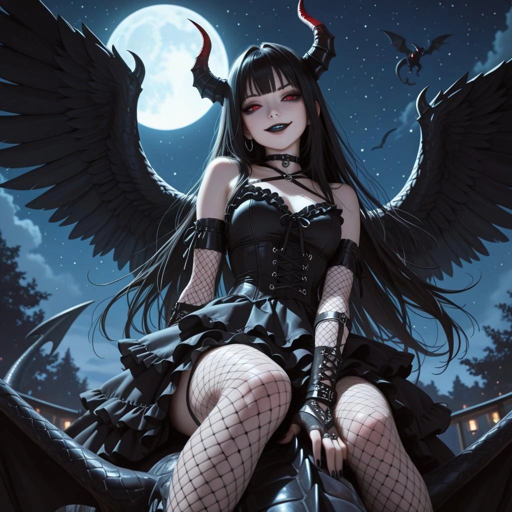 1girl, from below, 
evil smile,
eyeliner, black lipstick,demon eyes, red eyes, black feathered wings,
goth fashion, lace
