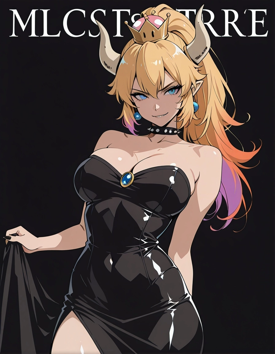 1girl, Bowsette, tall and curvy, anime art style, modeling, black bodycon dress, tight fit, enhanced chest, fashion maga