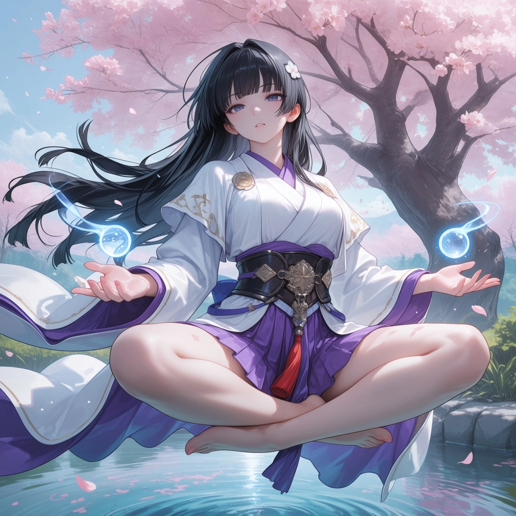 1 girl, athletic, lotus pose, corss-legged, floating in the air above a pond, cherry tree in background, meditating, eye