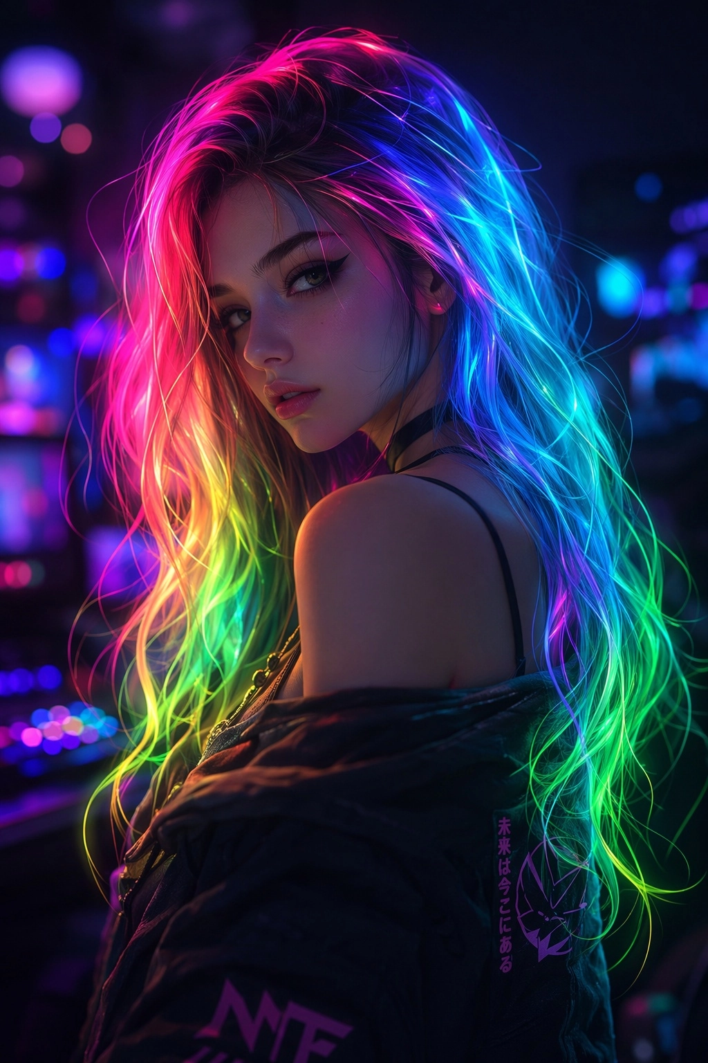 Girl with hair that glows like the RGB colors of a gamer keyboard. Desktop wallpaper. Background bokeh
