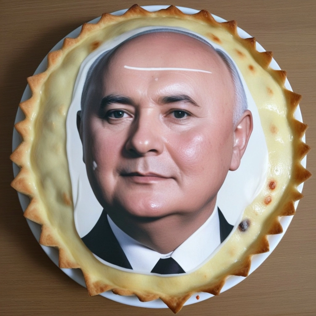 A quiche shaped like Mikhail Gorbachev's head (his birthmark is replaced by a light burn mark)