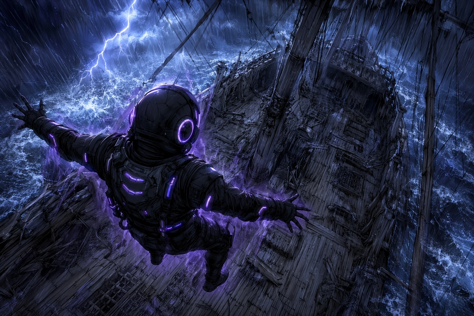 ink sketch style anime art. a young man in a minimalist wearing a sci-fi space suit colored only in black with neon purp