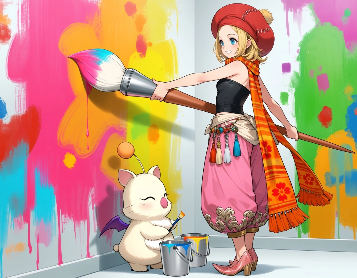 (((cute))), 1girl, pretty girly (Relm_Arrowny) from Final Fantasy 6, multi-colored scarf orange and red detailed fancy d