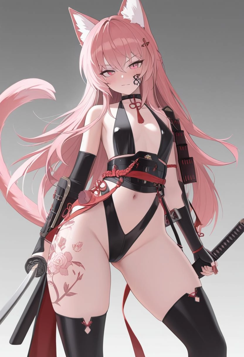 Samurai anime cat girl with body tattoos wielding a sword slicing with blood all over her with a menacing look on her fa