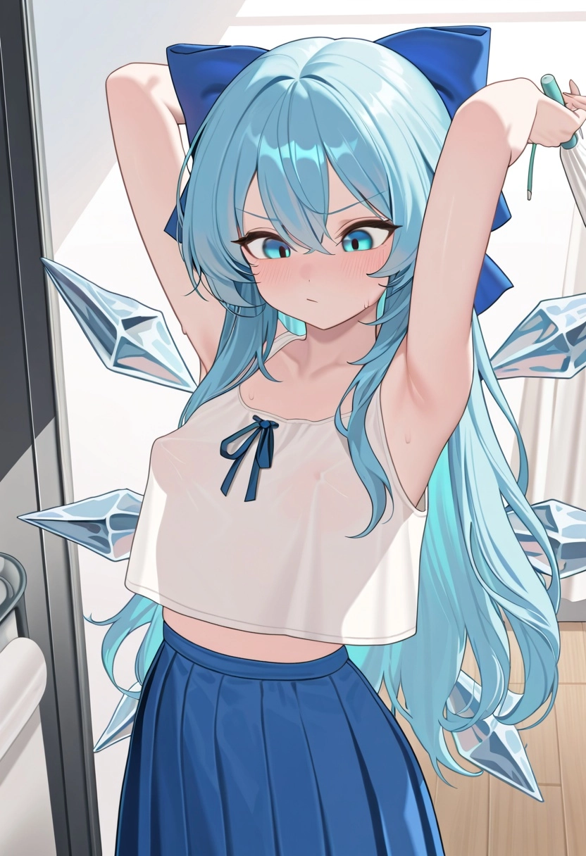 1girl, Cirno, long small perky breasts, overhang top, semi transparent duster, aqua-colored eyes and long hair. She wear