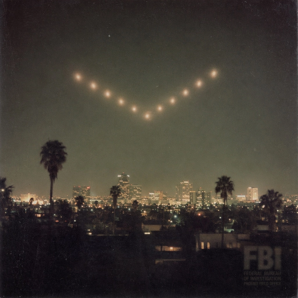 A mysterious 'V' shaped formation of strange, glowing lights hovers silently over the desert skyline of Phoenix at night