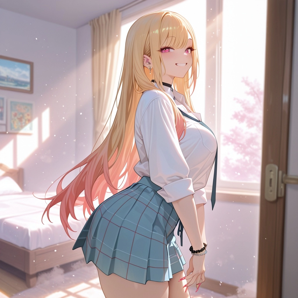 1girl, marin kitagawa, voluptuous body, bedroom, solo, pastel color palette, soft anime shading, masterpiece, high quali
