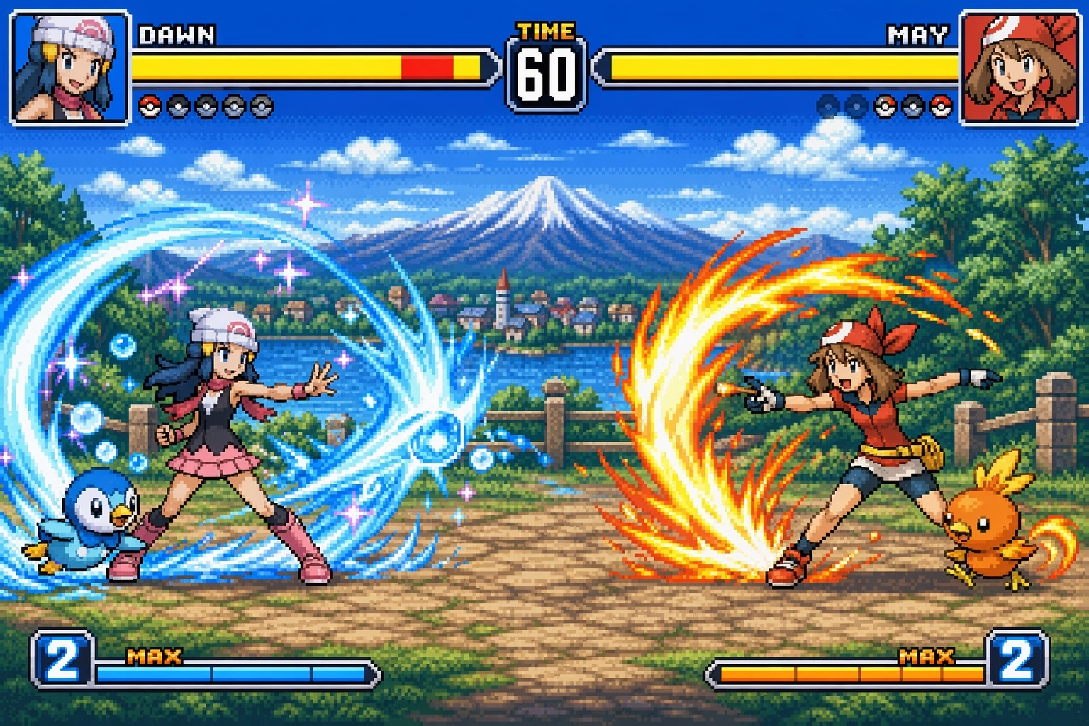 Dawn vs May in a fighting game ((16-bit)), detailed character sprites, colorful animated moves with flashy effects on ei