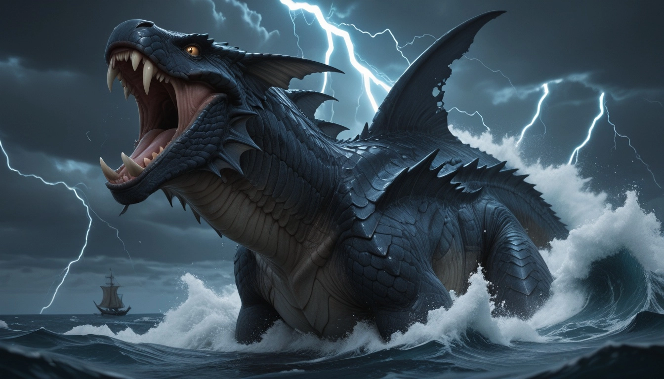fantasy, huge sea monster, tempest, ocean, fangs, emerging from the ocean during a storm, lightning, scales, crest along