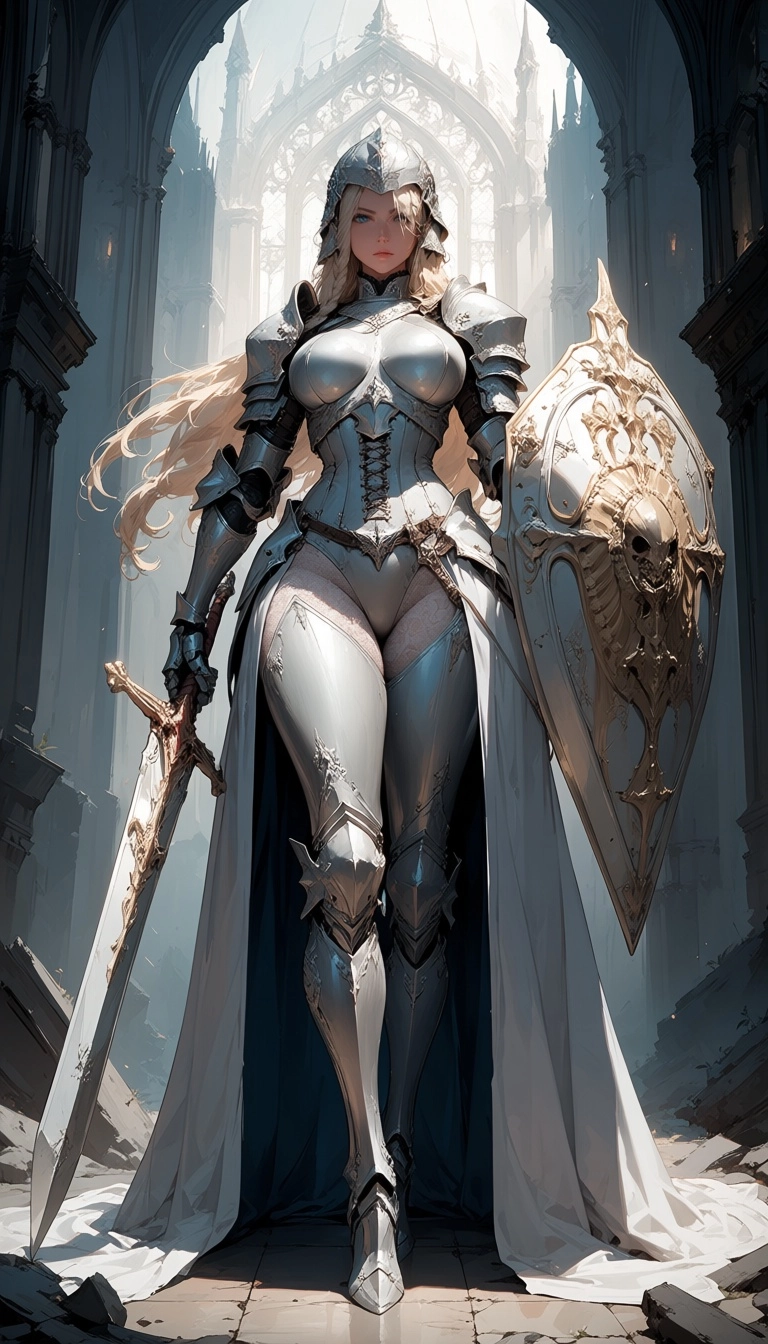 Full-body portrait of a female Paladin from a Western dark fantasy world, platinum blonde braided hair, blue eyes, gorge