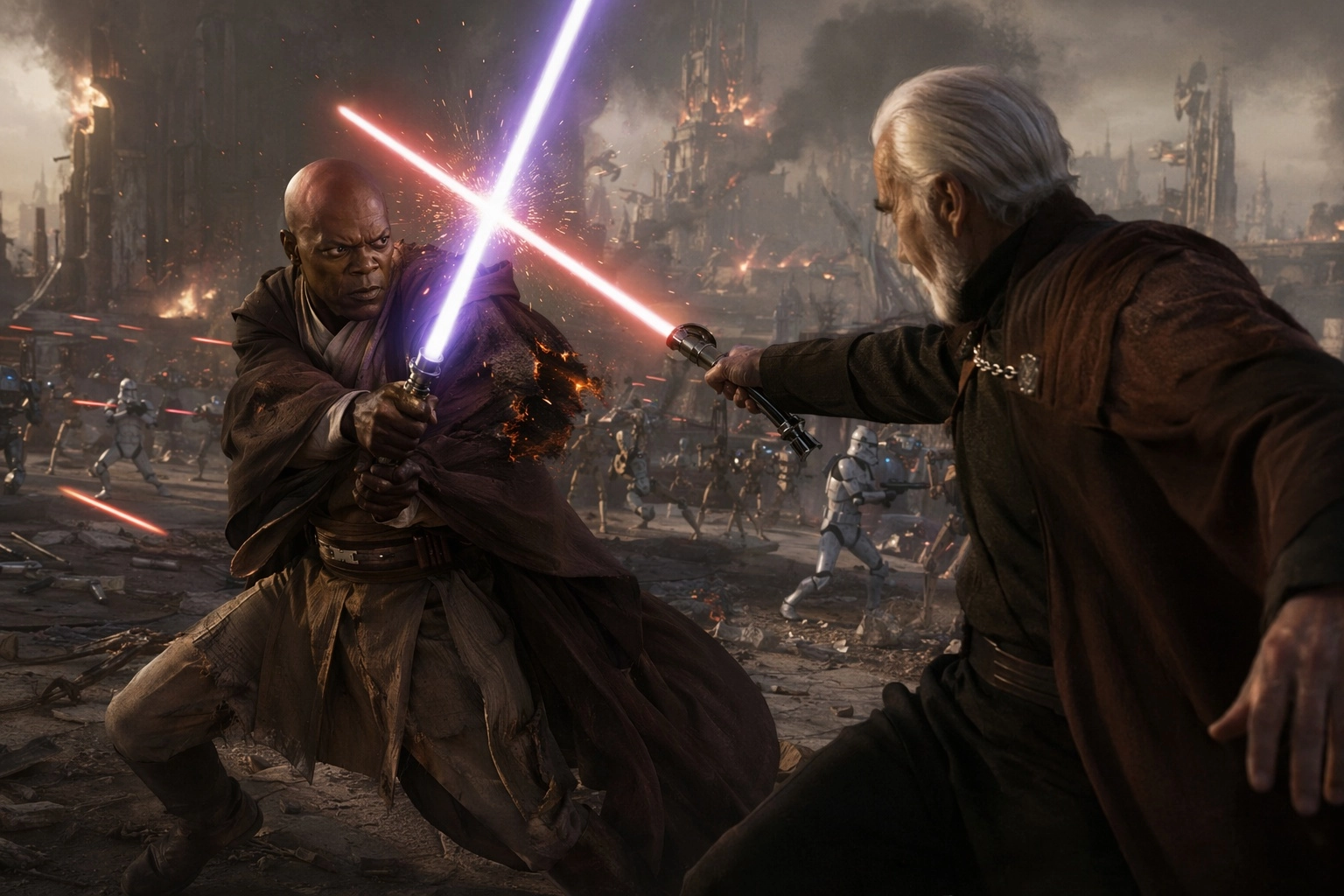 mace windu flippantly clashing with the lightsaber blow of count dooku with cold  and controlled anger across his face. 