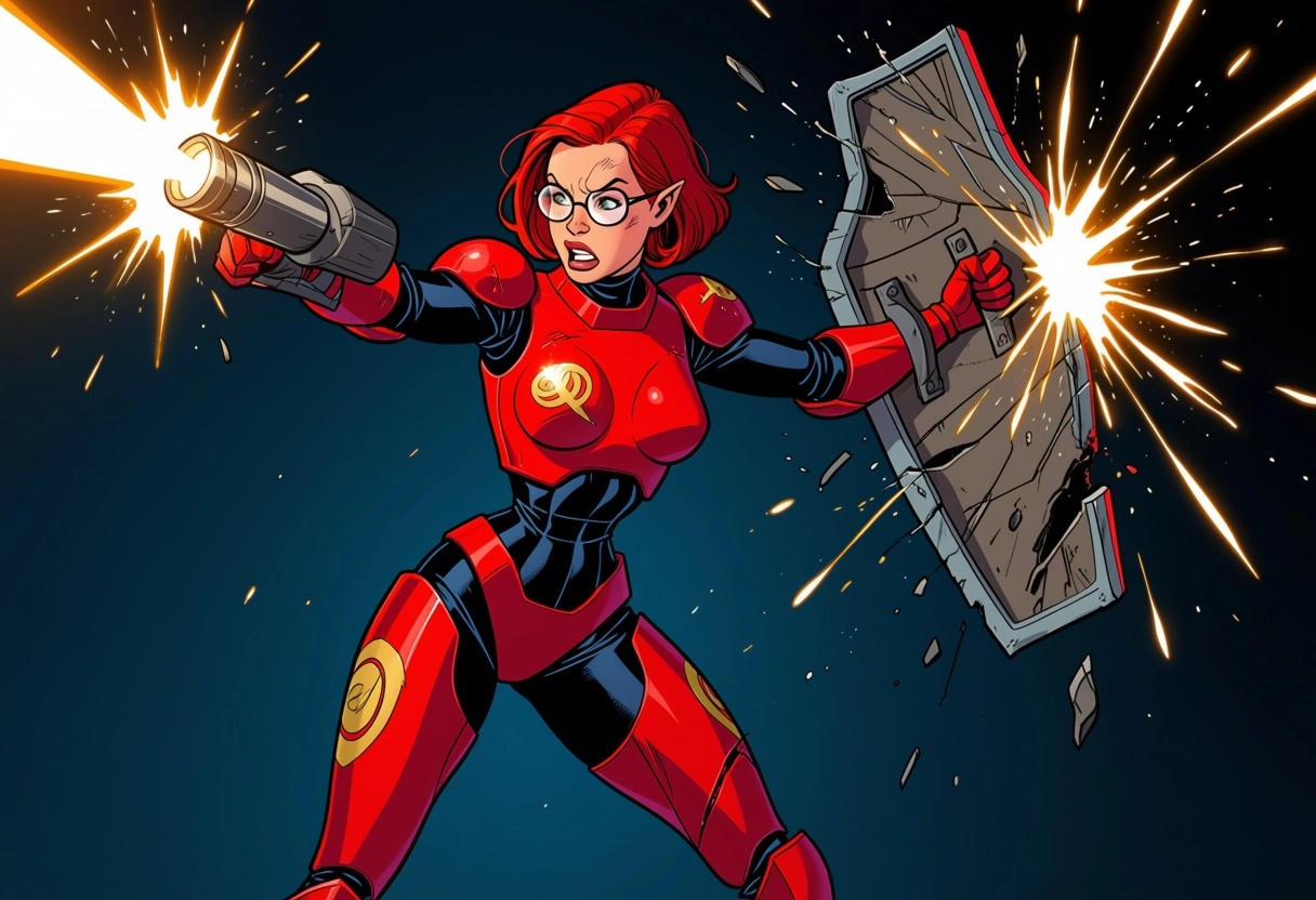Female elf, red short hair, glasses, future base scenario, red and gold power armor, armor torn apart, she raised her sh