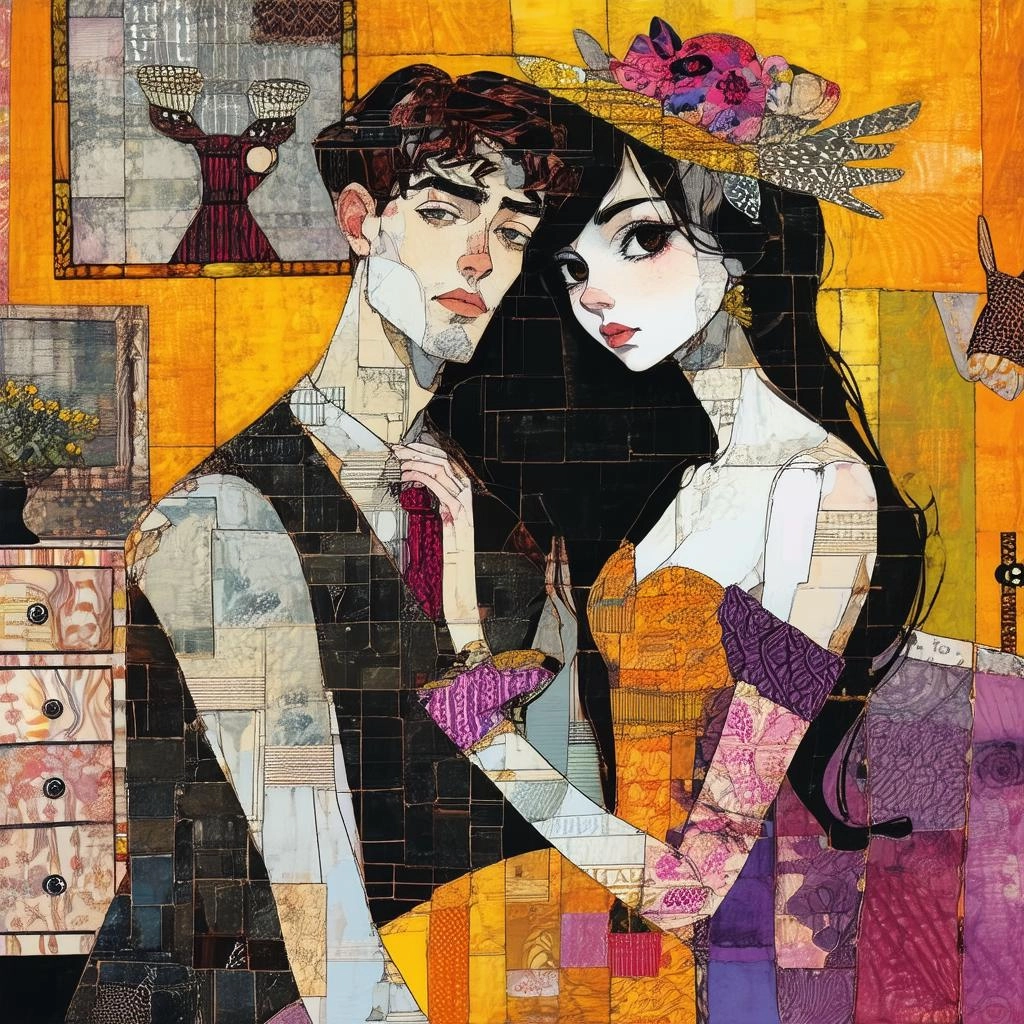 A distorted, dream-like scene of dysfunctional guy and his girlfriend at home, reminiscent of Eileen Agar's surrealist t