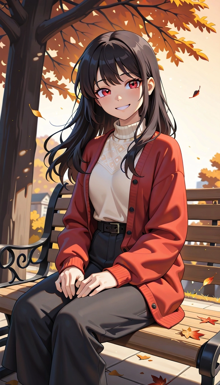 1girl, long dark hair, red eyes, sitting on a bench, autumn leaves, golden hour, cozy atmosphere, soft focus, cinematic 