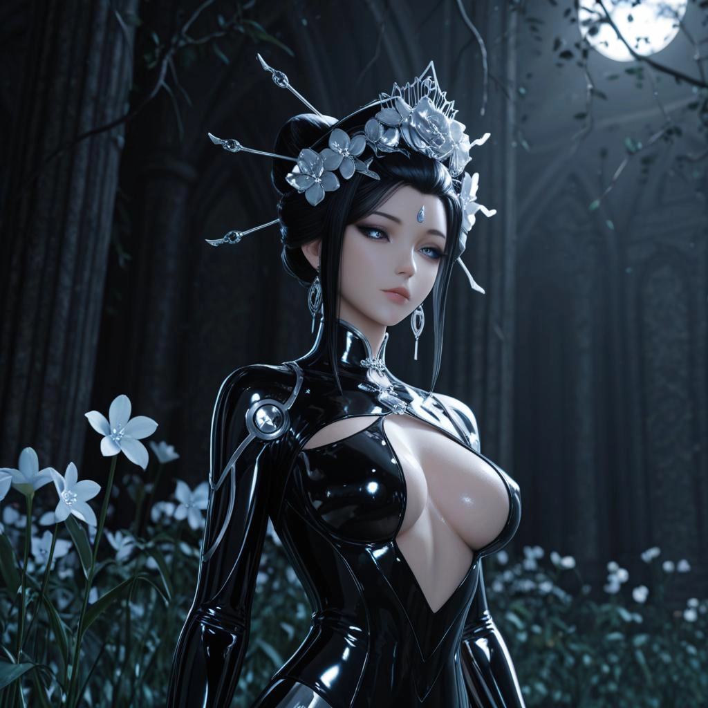 A sleek, chrome-plated robotic geisha meticulously arranging delicate digital flowers in a minimalist, high-tech zen gar